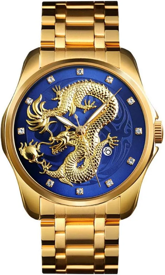 Men Luxury Gold Chinese Dragon Carved Dial Diamond Quartz Watch Casual Waterproof Sport Stainless Steel Wristwatch
