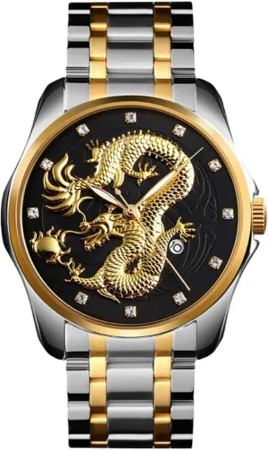 Men Luxury Gold Chinese Dragon Carved Dial Diamond Quartz Watch Casual Waterproof Sport Stainless Steel Wristwatch
