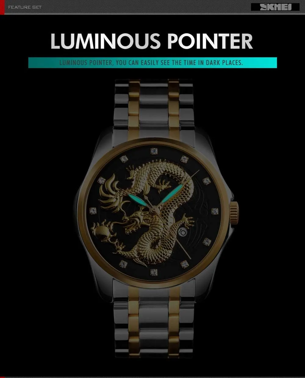 Men Luxury Gold Chinese Dragon Carved Dial Diamond Quartz Watch Casual Waterproof Sport Stainless Steel Wristwatch