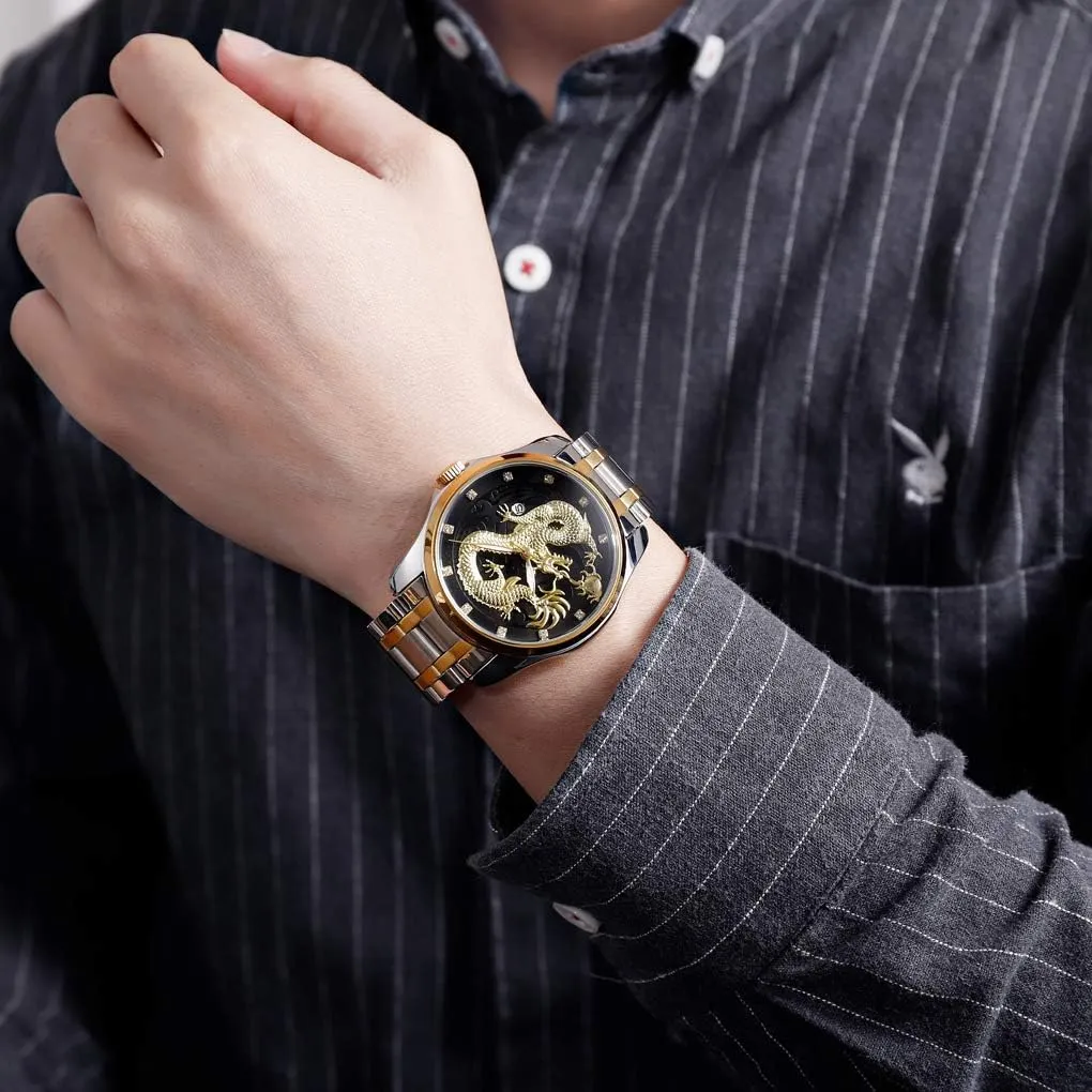 Men Luxury Gold Chinese Dragon Carved Dial Diamond Quartz Watch Casual Waterproof Sport Stainless Steel Wristwatch