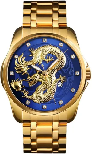 Men Luxury Gold Chinese Dragon Carved Dial Diamond Quartz Watch Casual Waterproof Sport Stainless Steel Wristwatch