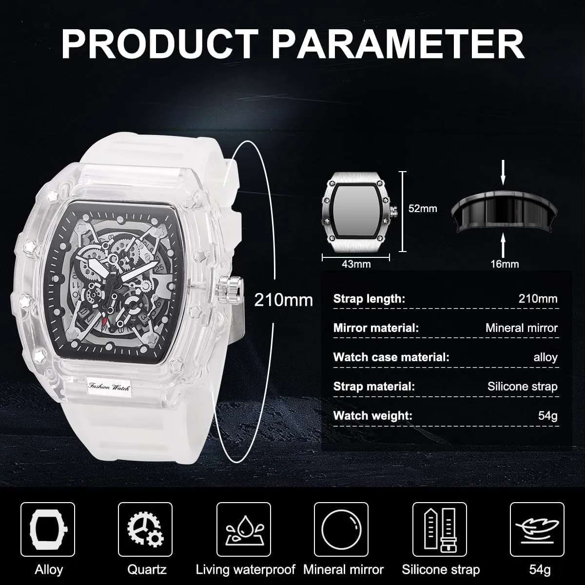 Men Watch Tonneau Casual Wrist Watch Soft Silicon Band Fashion Cool Watch for Men