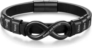 Mens Leather Bracelet with 1-6 Engraved Bead Name - Custom Name Bracelets Personalized Men's ID Bracelet for Dad Grandpa
