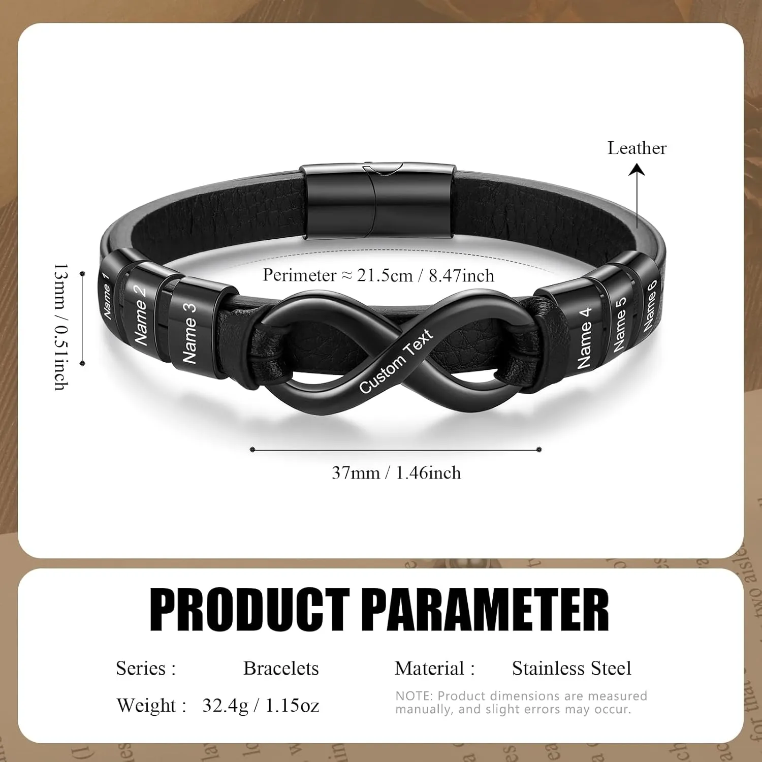 Mens Leather Bracelet with 1-6 Engraved Bead Name - Custom Name Bracelets Personalized Men's ID Bracelet for Dad Grandpa
