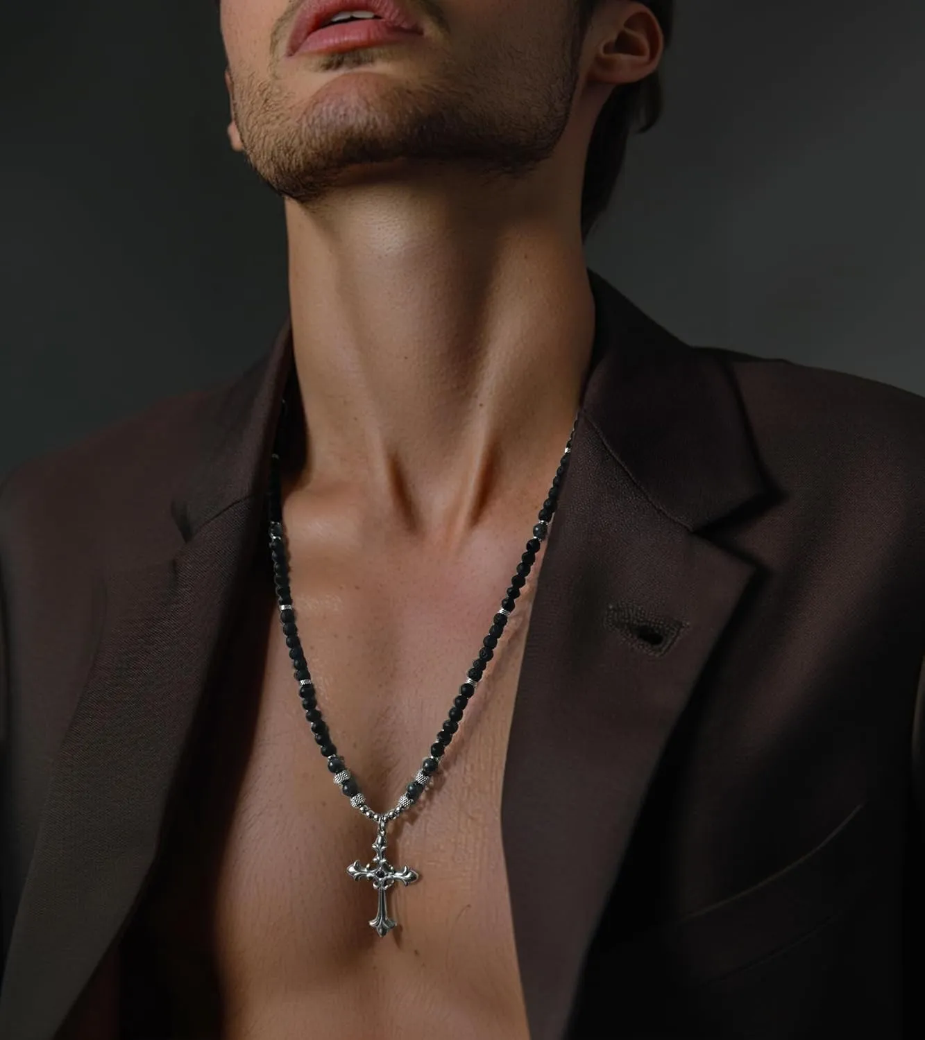 Mens Long Beaded Necklace Natural Stone Bead Necklace with Pendant Costume Jewelry Birthday Gifts for Men