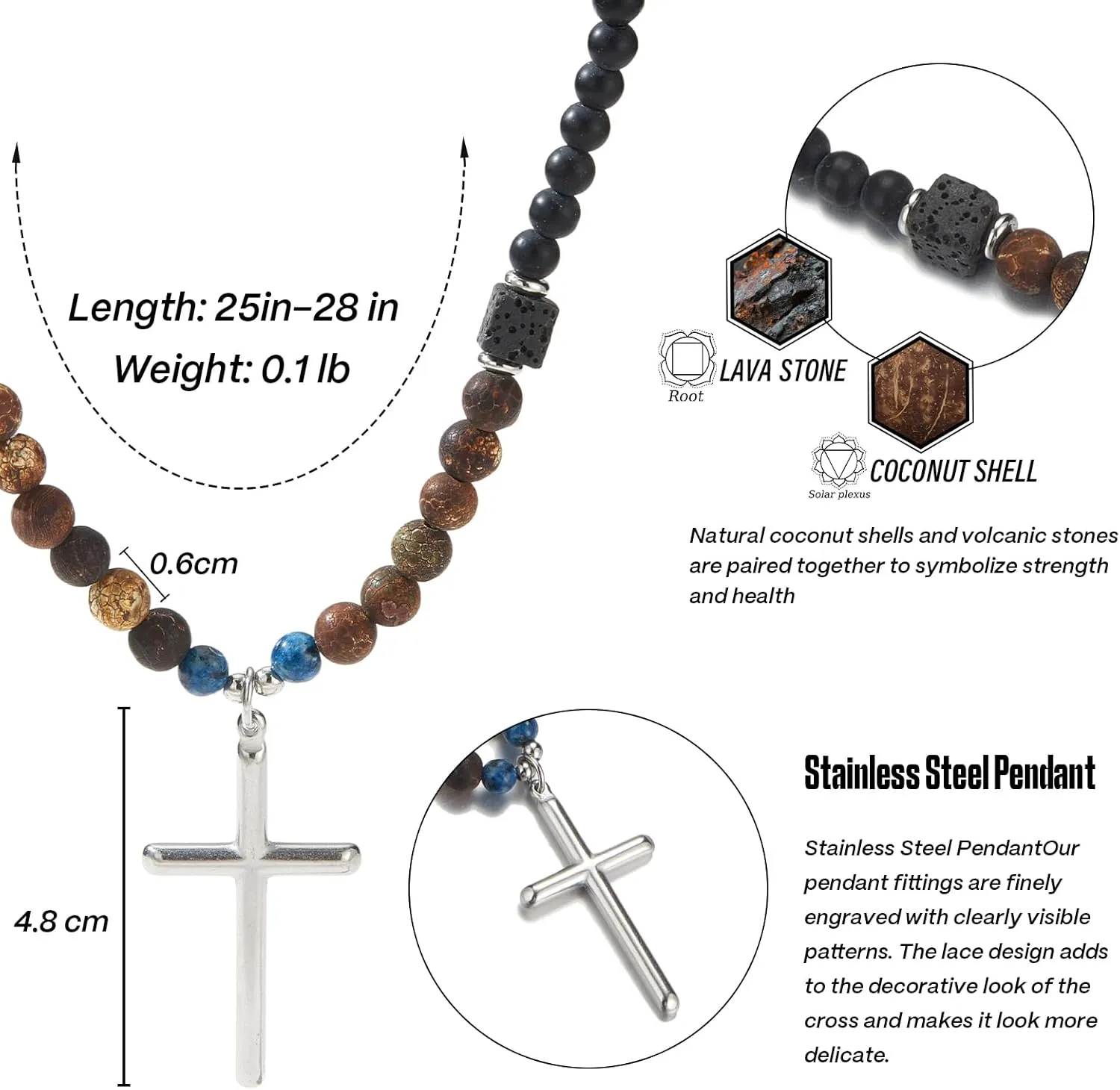 Mens Long Beaded Necklace Natural Stone Bead Necklace with Pendant Costume Jewelry Birthday Gifts for Men