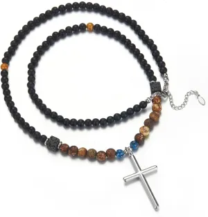 Mens Long Beaded Necklace Natural Stone Bead Necklace with Pendant Costume Jewelry Birthday Gifts for Men