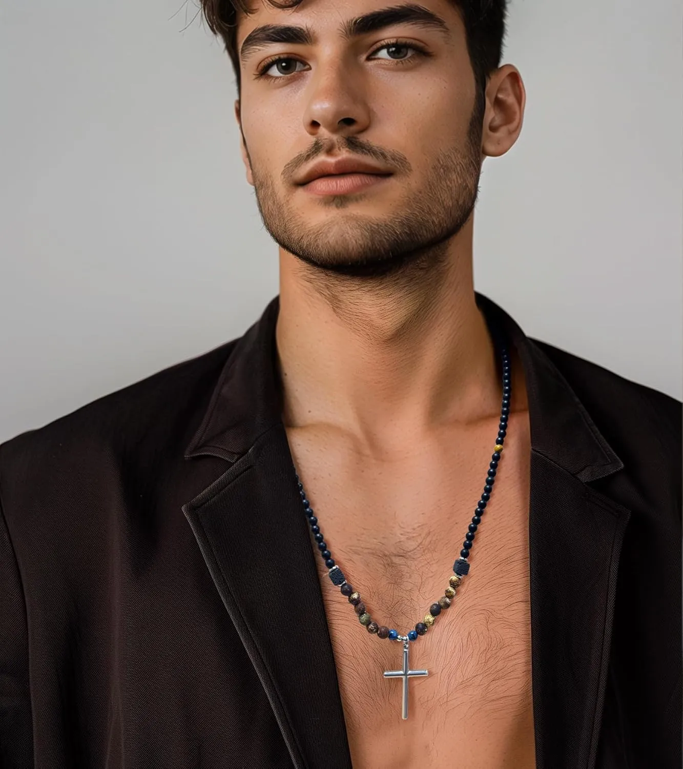Mens Long Beaded Necklace Natural Stone Bead Necklace with Pendant Costume Jewelry Birthday Gifts for Men