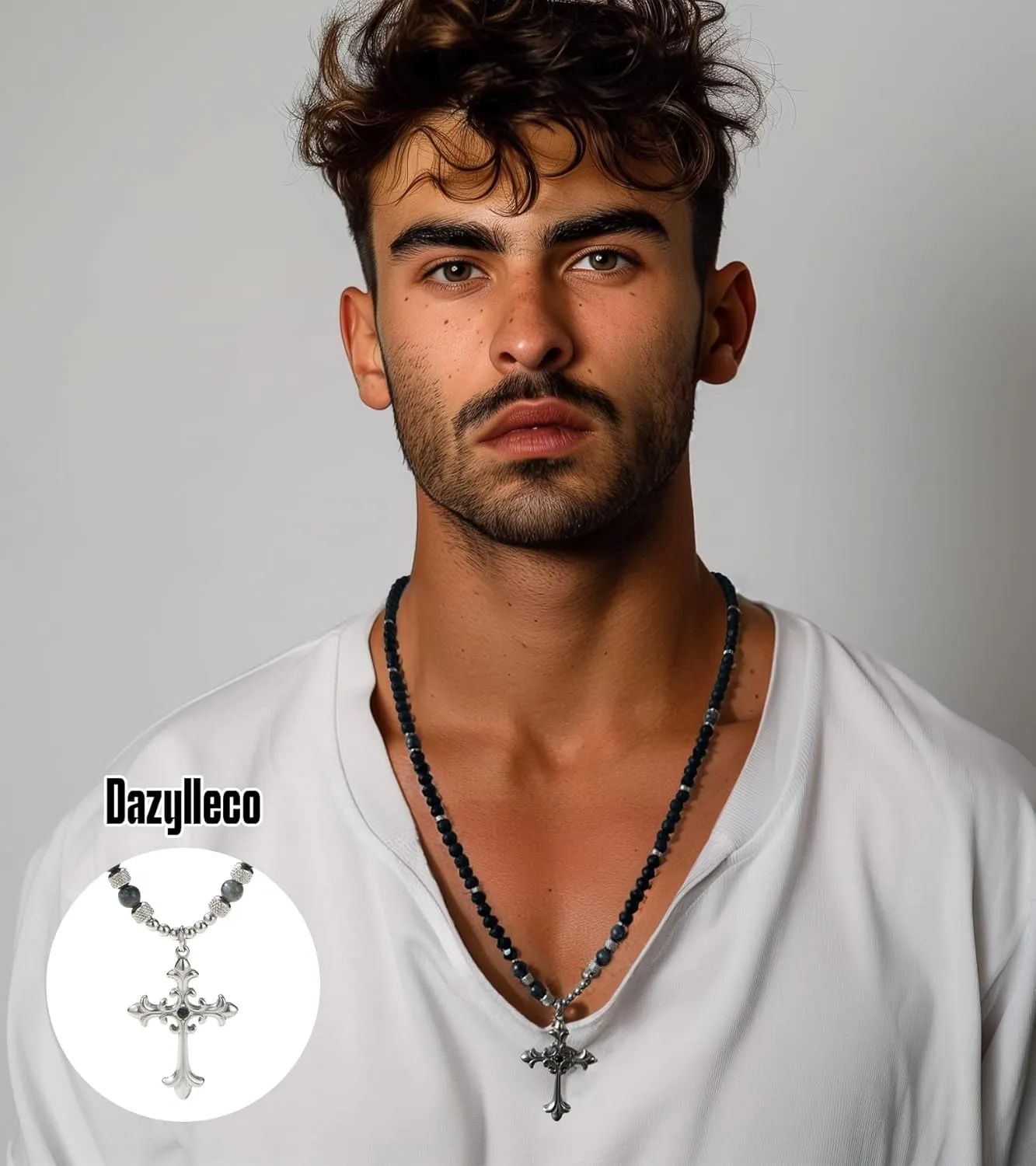 Mens Long Beaded Necklace Natural Stone Bead Necklace with Pendant Costume Jewelry Birthday Gifts for Men