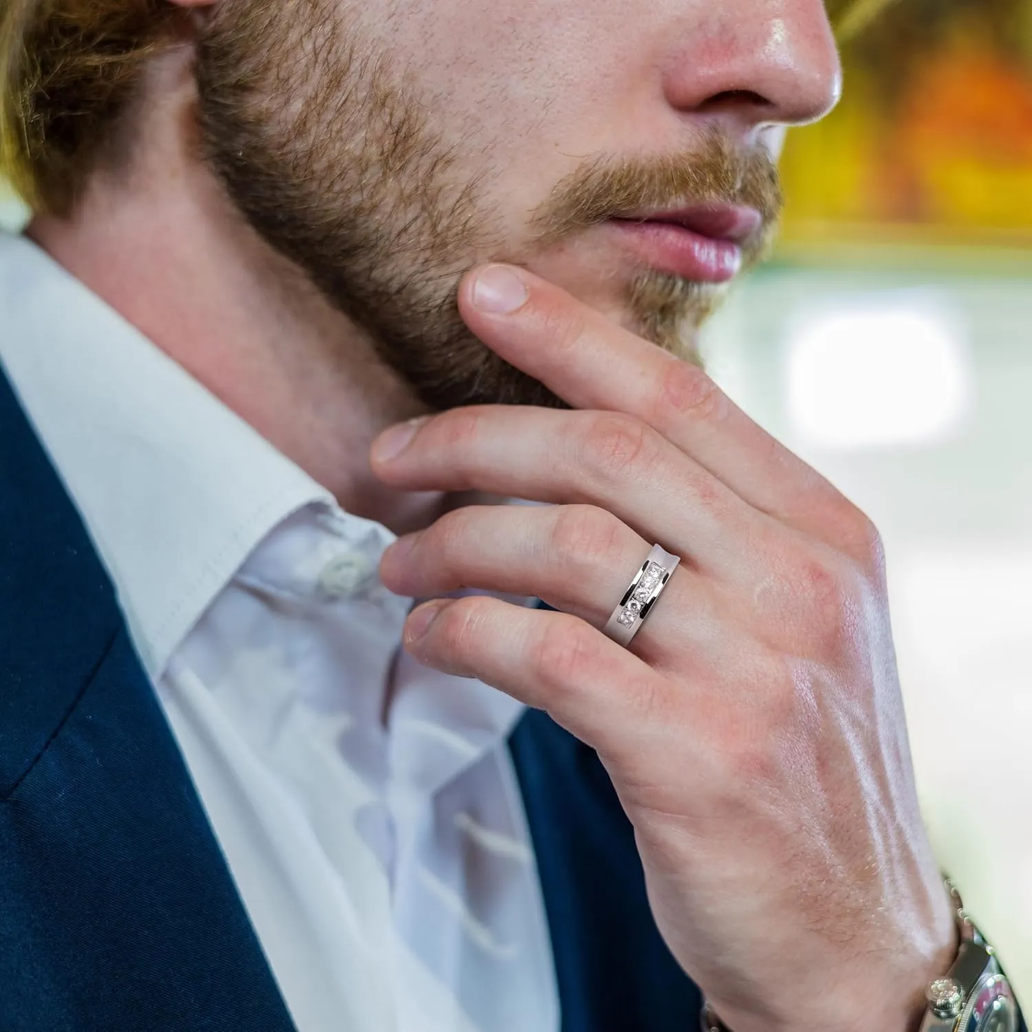 Mens Rings Stainless Steel Stylish Gold-Tone Band with Comfort Fit and Round Cut Diamonds  7mm Stainless Steel Mens Wedding Band, CZ Rings for Men, Ideal for Anniversaries or Weddings