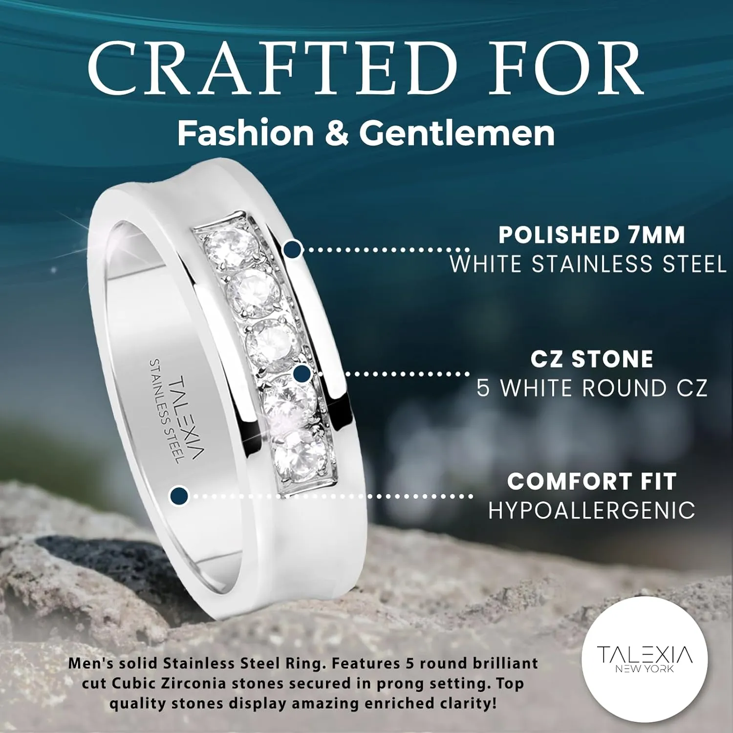 Mens Rings Stainless Steel Stylish Gold-Tone Band with Comfort Fit and Round Cut Diamonds  7mm Stainless Steel Mens Wedding Band, CZ Rings for Men, Ideal for Anniversaries or Weddings