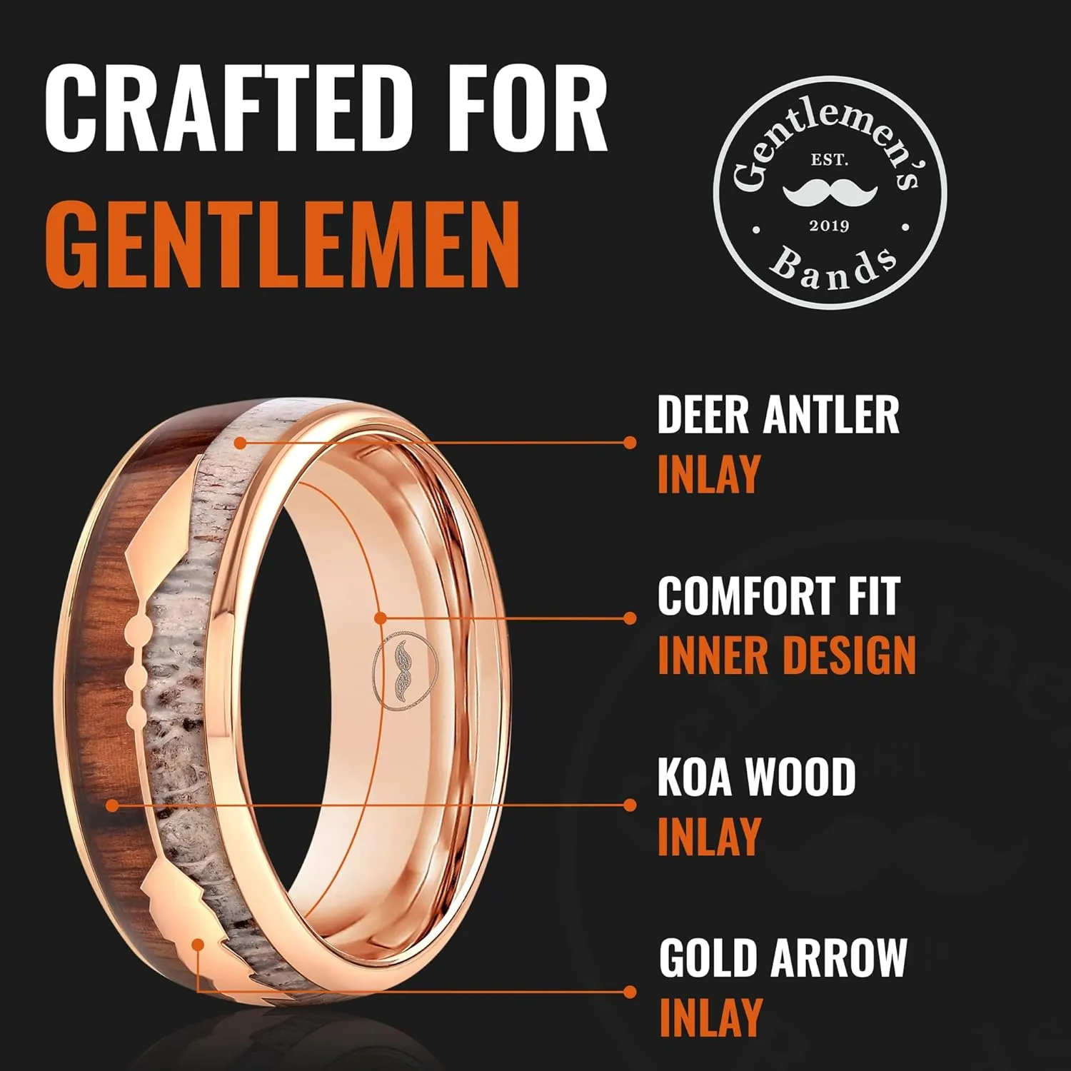 Men's Rose Gold Tungsten Carbide Wedding Band- Premium Tungsten Ring With Deer Antler, Koa Wood & Gold Arrow Inlay - Includes Silicon Band, Leather Drawstring Pouch & Luxury Walnut Box