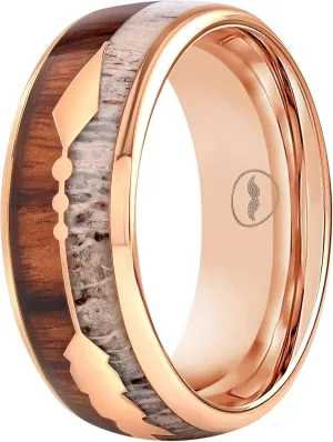 Men's Rose Gold Tungsten Carbide Wedding Band- Premium Tungsten Ring With Deer Antler, Koa Wood & Gold Arrow Inlay - Includes Silicon Band, Leather Drawstring Pouch & Luxury Walnut Box