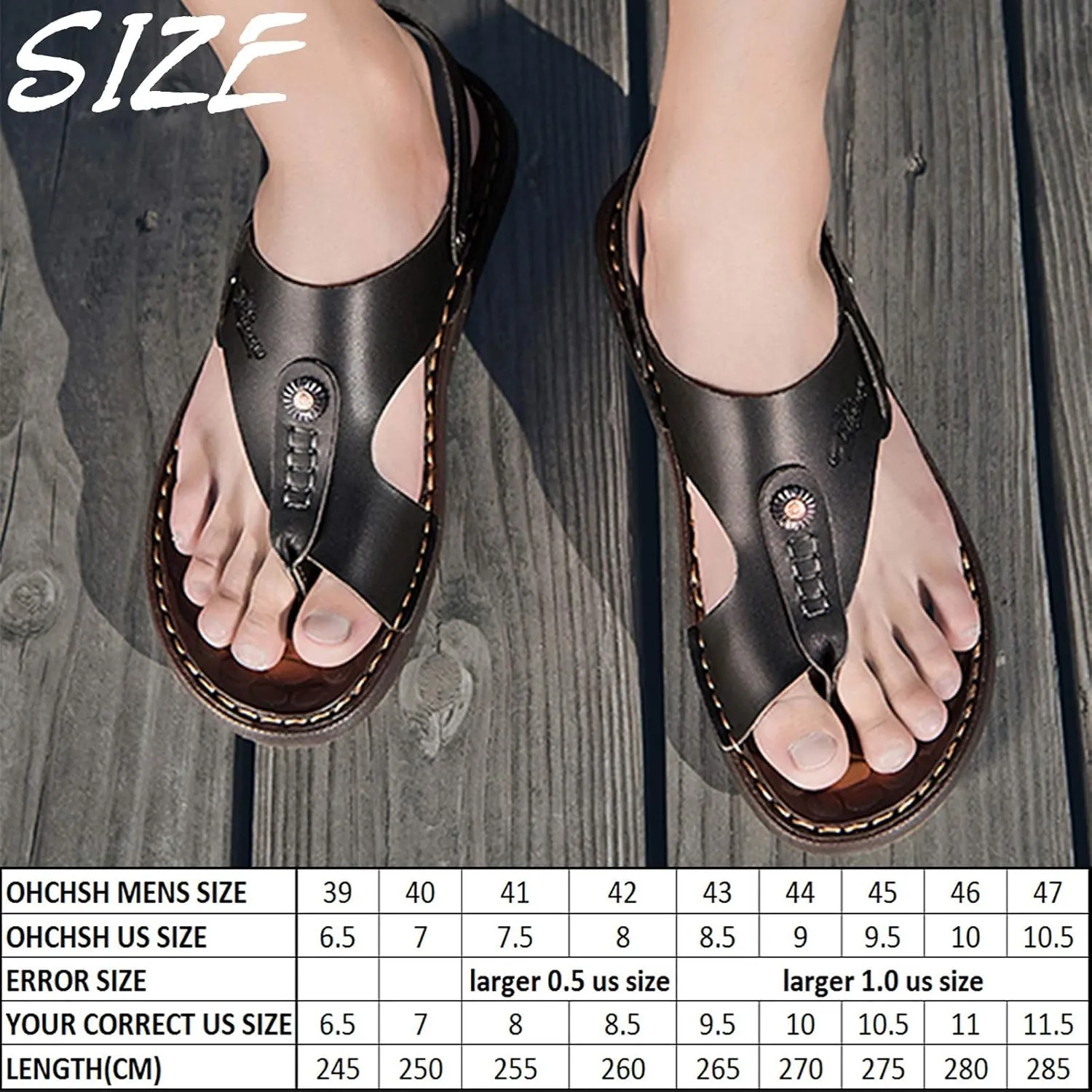 Mens Sandals Flip Flops for Men Shoes with Toe Ring Casual Summer Leather Black