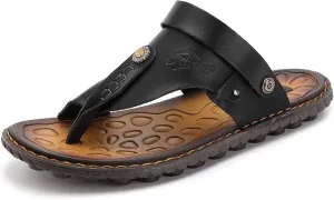 Mens Sandals Flip Flops for Men Shoes with Toe Ring Casual Summer Leather Black