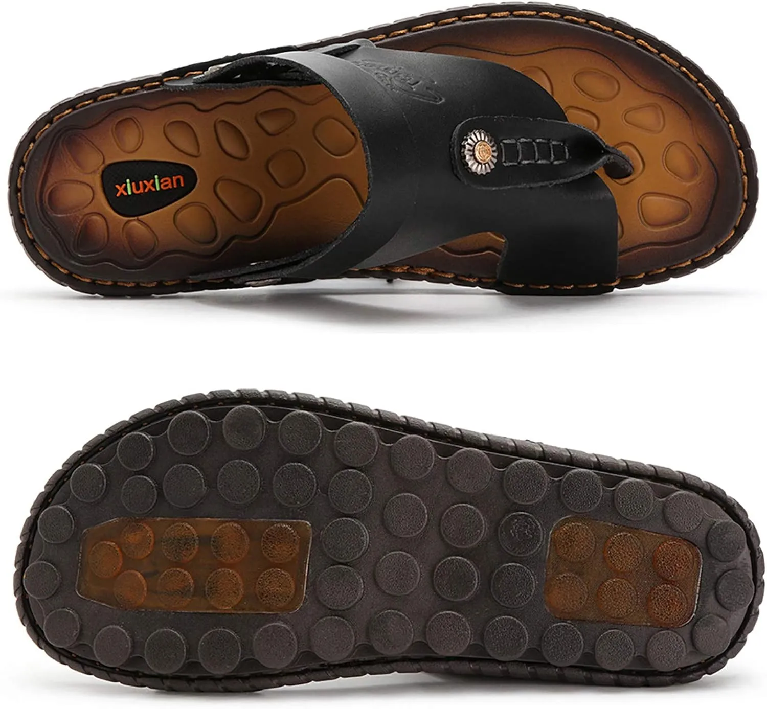 Mens Sandals Flip Flops for Men Shoes with Toe Ring Casual Summer Leather Black