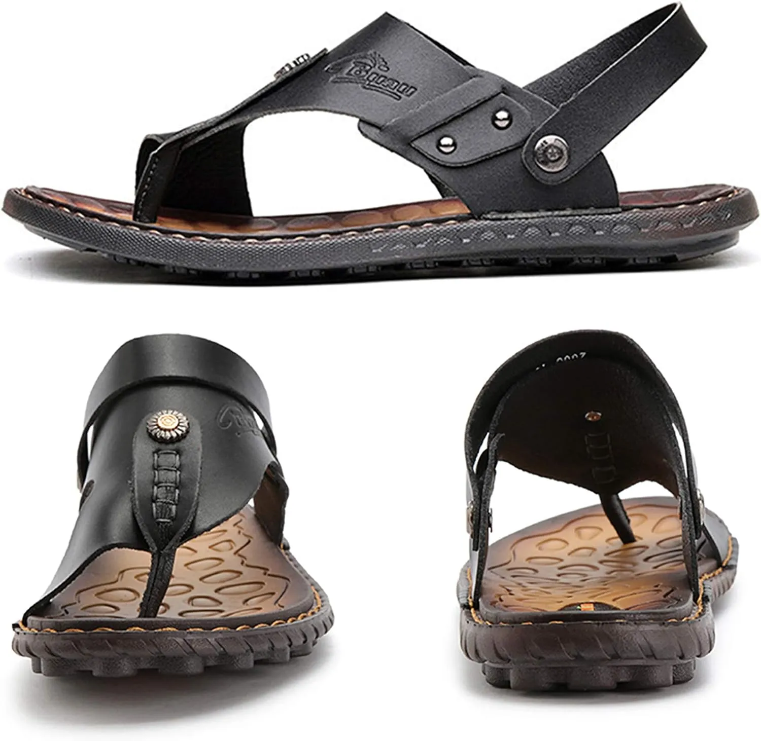 Mens Sandals Flip Flops for Men Shoes with Toe Ring Casual Summer Leather Black