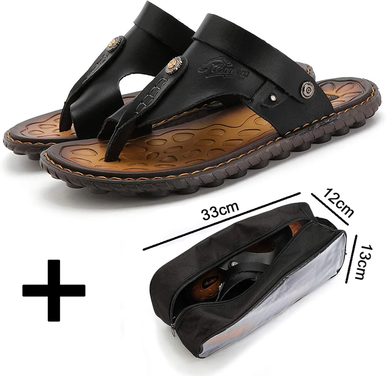 Mens Sandals Flip Flops for Men Shoes with Toe Ring Casual Summer Leather Black