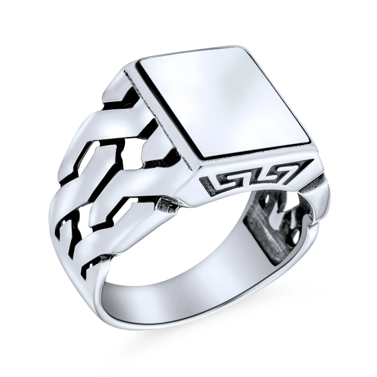 Men's Silver Ring: Cuban Curb Link Chain Initial Monogram Signet Sterling Silver