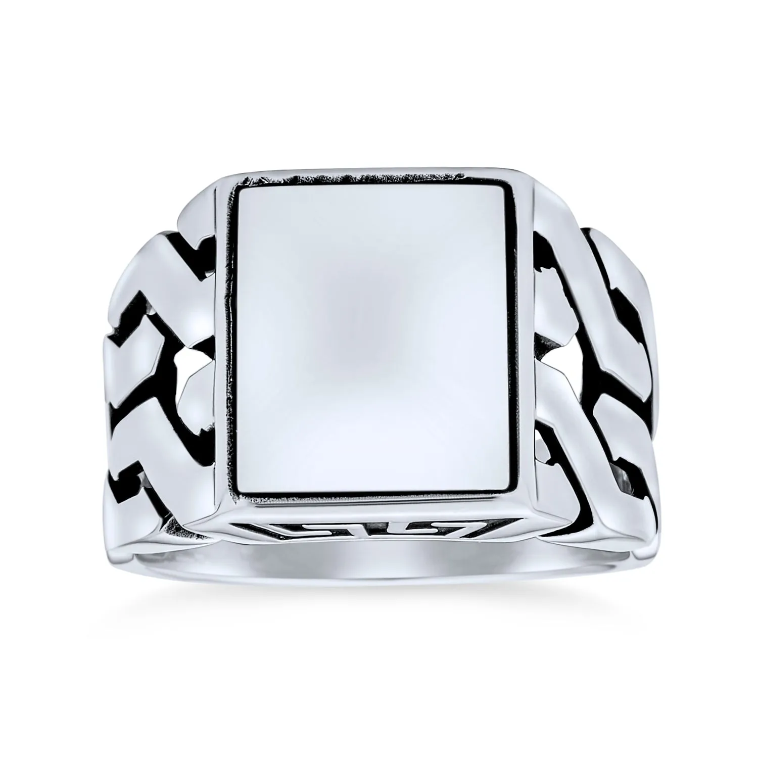 Men's Silver Ring: Cuban Curb Link Chain Initial Monogram Signet Sterling Silver
