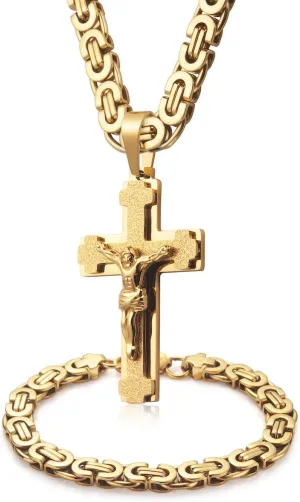 Mens Stainless Steel Silver Gold Jesus Cross Pendant Necklace Chain Bracelet Set Jewelry 45/50/55/60/65/70/75cm