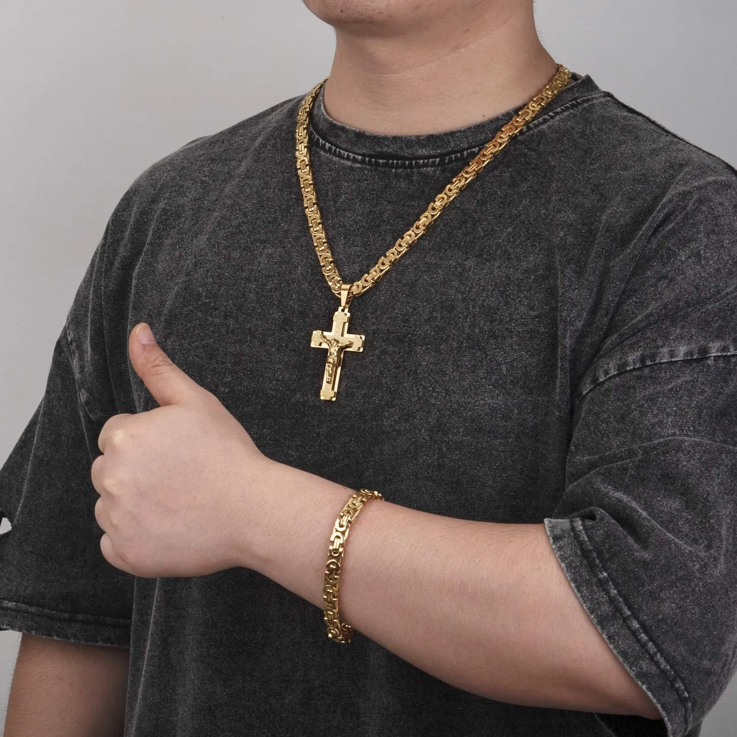 Mens Stainless Steel Silver Gold Jesus Cross Pendant Necklace Chain Bracelet Set Jewelry 45/50/55/60/65/70/75cm