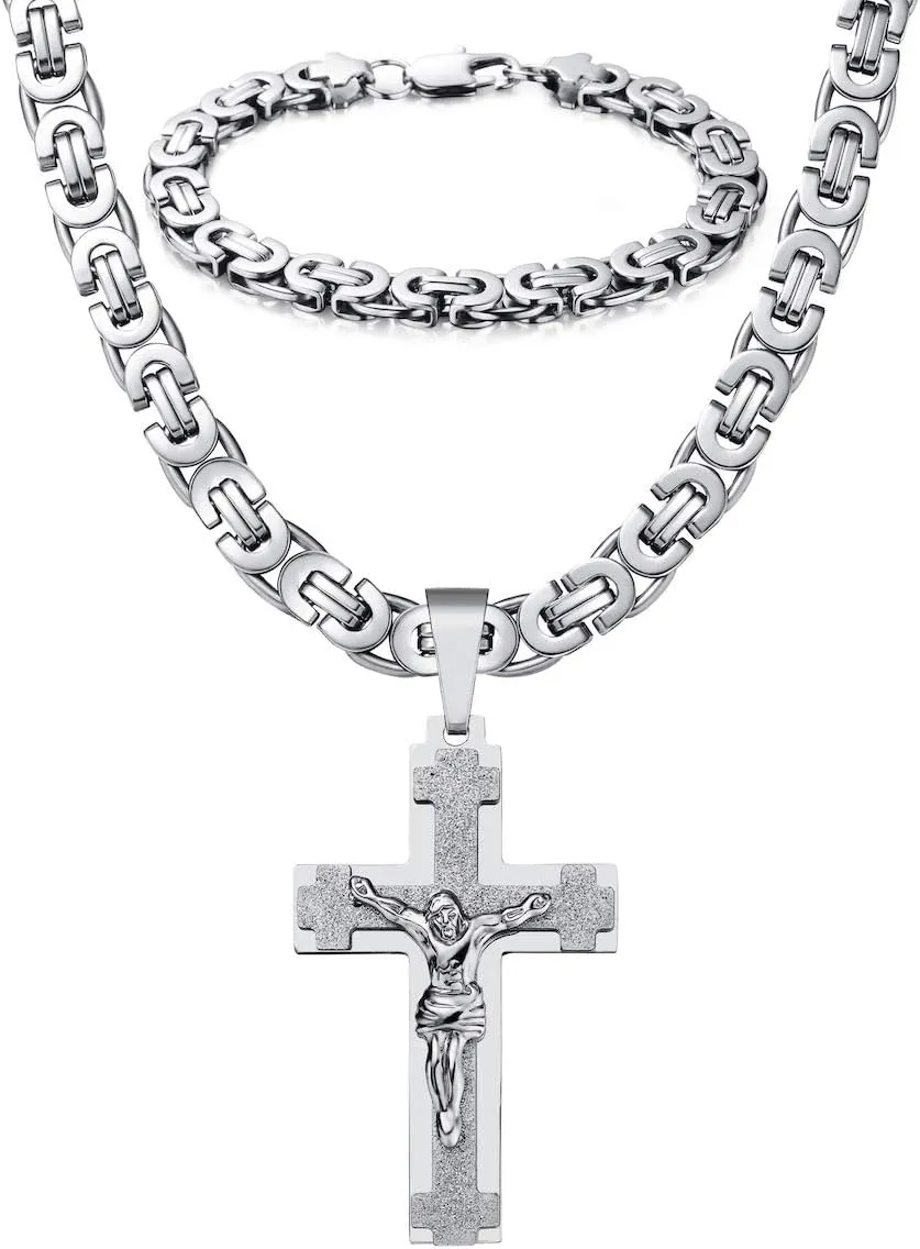 Mens Stainless Steel Silver Gold Jesus Cross Pendant Necklace Chain Bracelet Set Jewelry 45/50/55/60/65/70/75cm