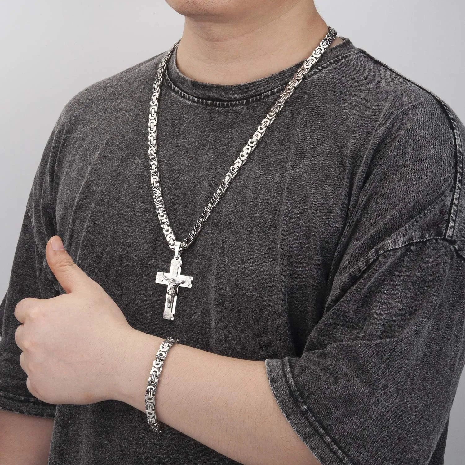 Mens Stainless Steel Silver Gold Jesus Cross Pendant Necklace Chain Bracelet Set Jewelry 45/50/55/60/65/70/75cm