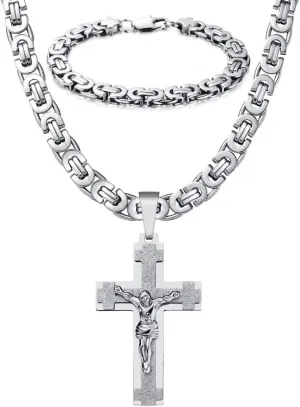 Mens Stainless Steel Silver Gold Jesus Cross Pendant Necklace Chain Bracelet Set Jewelry 45/50/55/60/65/70/75cm