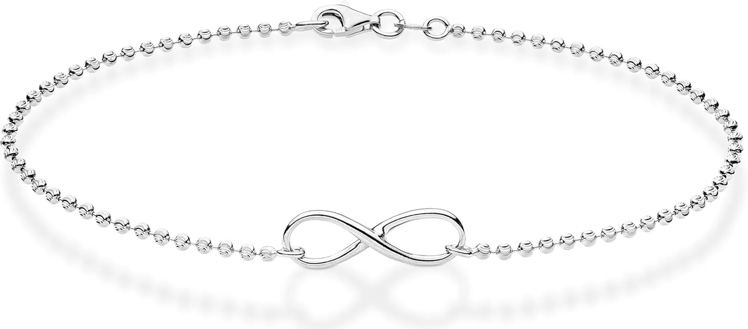 Miabella 925 Sterling Silver or 18K Gold Plated Diamond-Cut Infinity Beaded Ball Chain Anklet Ankle Bracelet for Women, Made in Italy