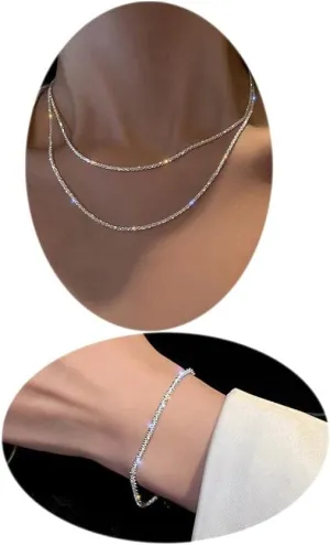 MIFYNN Silver Necklace Bracelet for Women Layered Simple Chain Necklace Bracelet Twist Rope Chain Necklace Paperclip Necklace Sparkling Choker Necklace Silver Jewelry Set Gifts for Women Girls