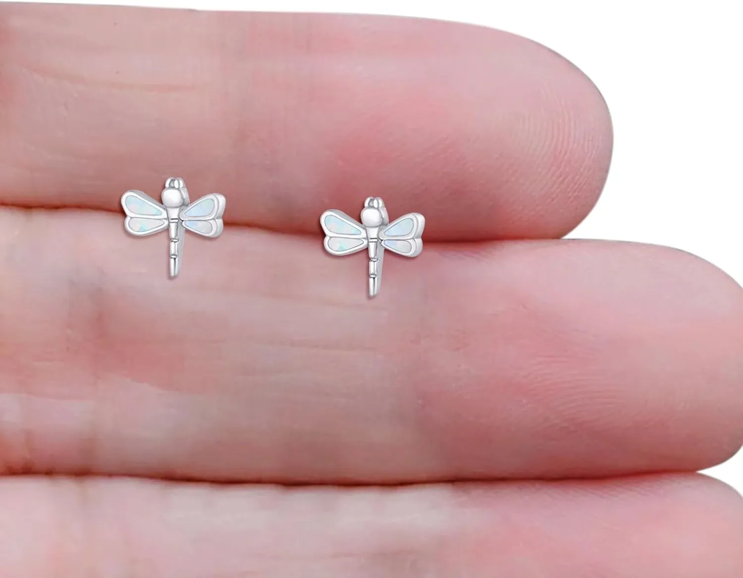 Minimalist Dragonfly Stud Earring 8.8mm Lab Created White Opal Nature Inspired Push Back Earrings Solid 925 Sterling Silver Gift For Women