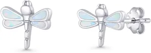 Minimalist Dragonfly Stud Earring 8.8mm Lab Created White Opal Nature Inspired Push Back Earrings Solid 925 Sterling Silver Gift For Women