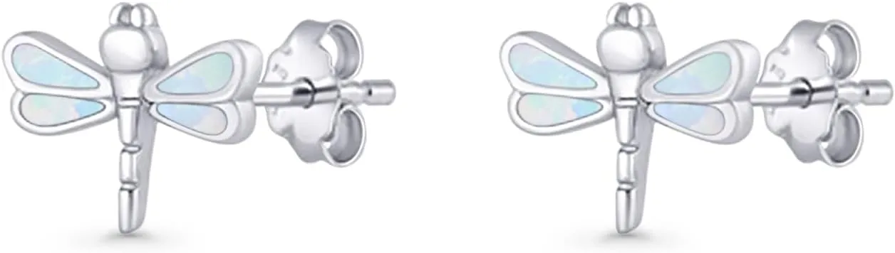 Minimalist Dragonfly Stud Earring 8.8mm Lab Created White Opal Nature Inspired Push Back Earrings Solid 925 Sterling Silver Gift For Women