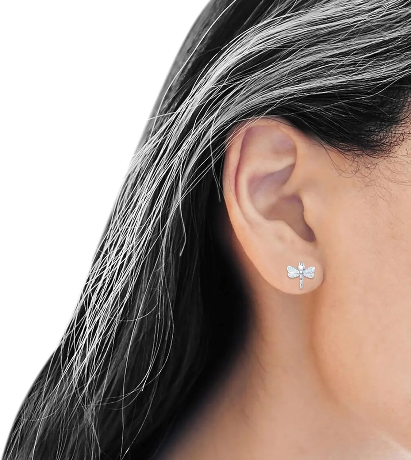 Minimalist Dragonfly Stud Earring 8.8mm Lab Created White Opal Nature Inspired Push Back Earrings Solid 925 Sterling Silver Gift For Women