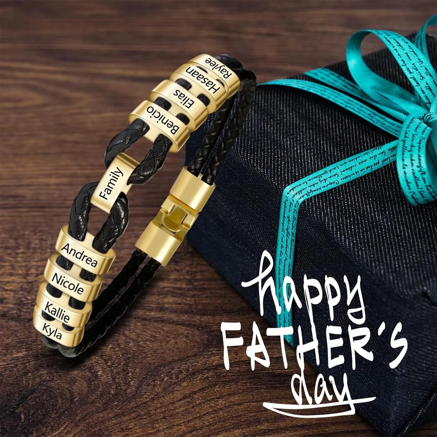 MissNaNa Mens Custom Bracelet Personalized Black Braid Bracelets Genuine Leather Bracelets with 2-9 Family Names Engraved in Custom Beads Fathers Day Gift
