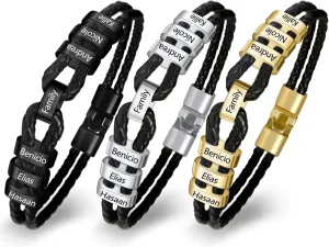 MissNaNa Mens Custom Bracelet Personalized Black Braid Bracelets Genuine Leather Bracelets with 2-9 Family Names Engraved in Custom Beads Fathers Day Gift
