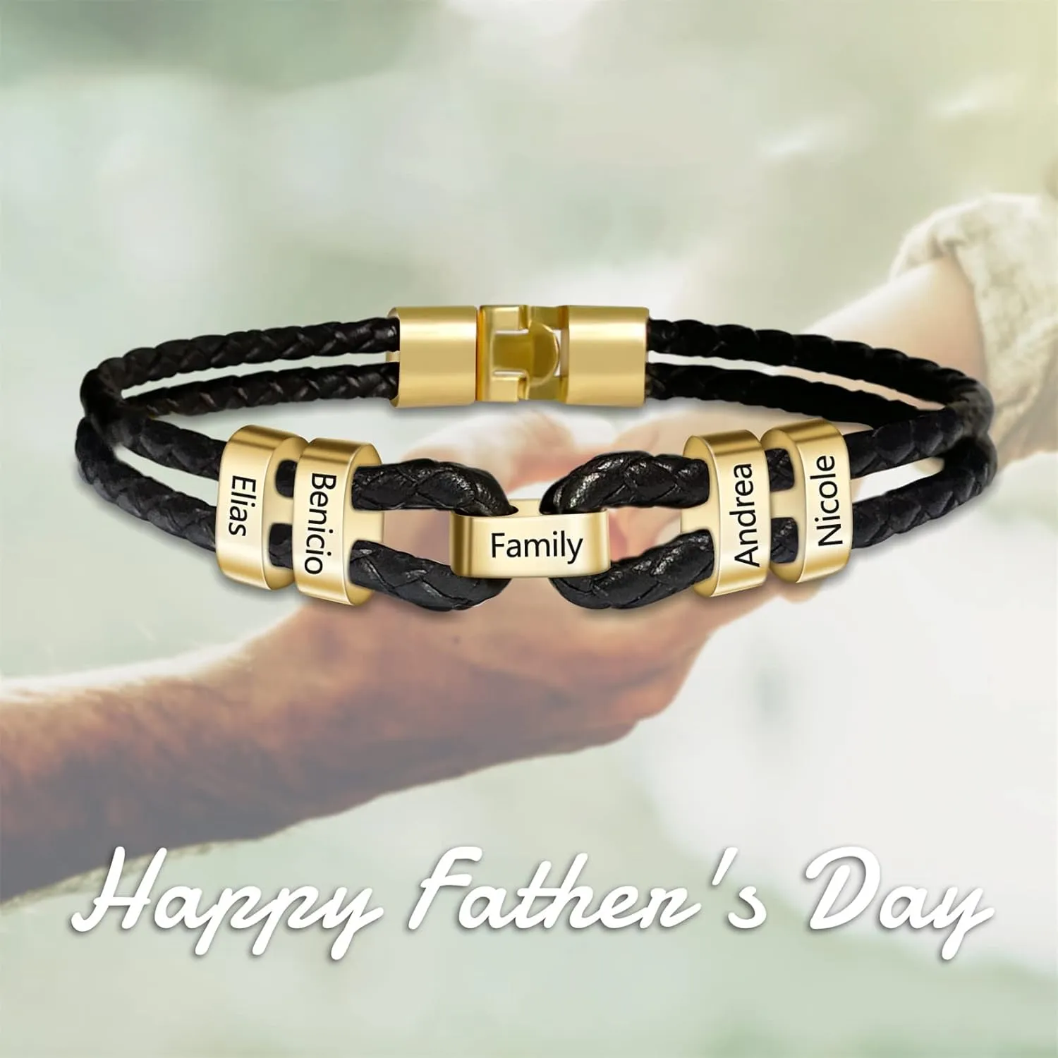 MissNaNa Mens Custom Bracelet Personalized Black Braid Bracelets Genuine Leather Bracelets with 2-9 Family Names Engraved in Custom Beads Fathers Day Gift