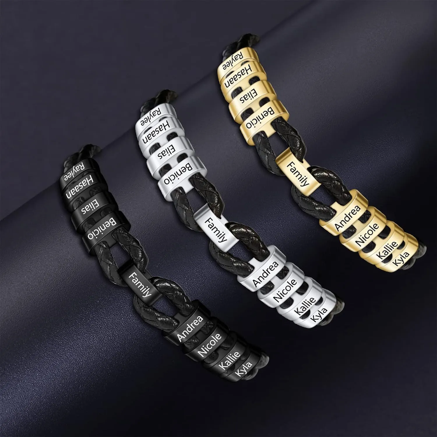 MissNaNa Mens Custom Bracelet Personalized Black Braid Bracelets Genuine Leather Bracelets with 2-9 Family Names Engraved in Custom Beads Fathers Day Gift