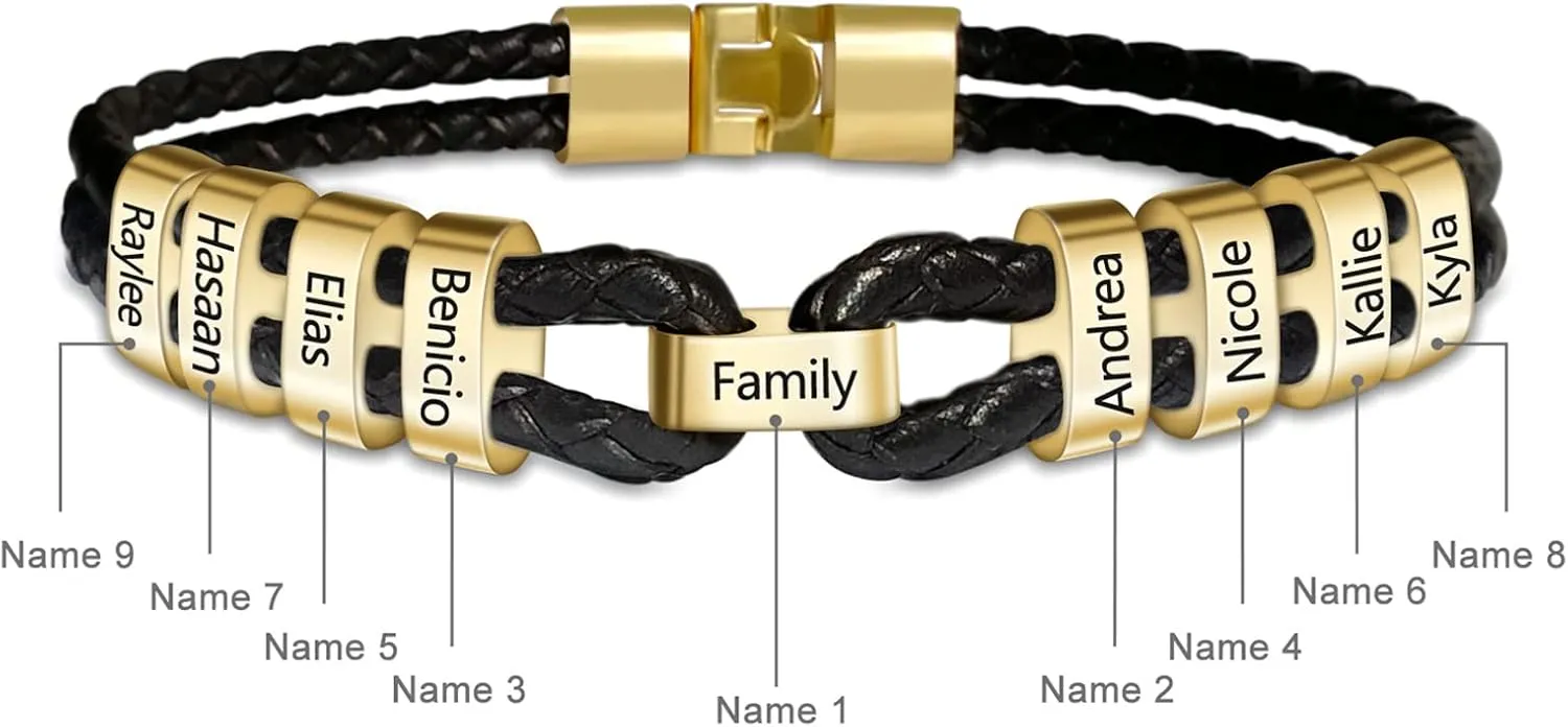 MissNaNa Mens Custom Bracelet Personalized Black Braid Bracelets Genuine Leather Bracelets with 2-9 Family Names Engraved in Custom Beads Fathers Day Gift