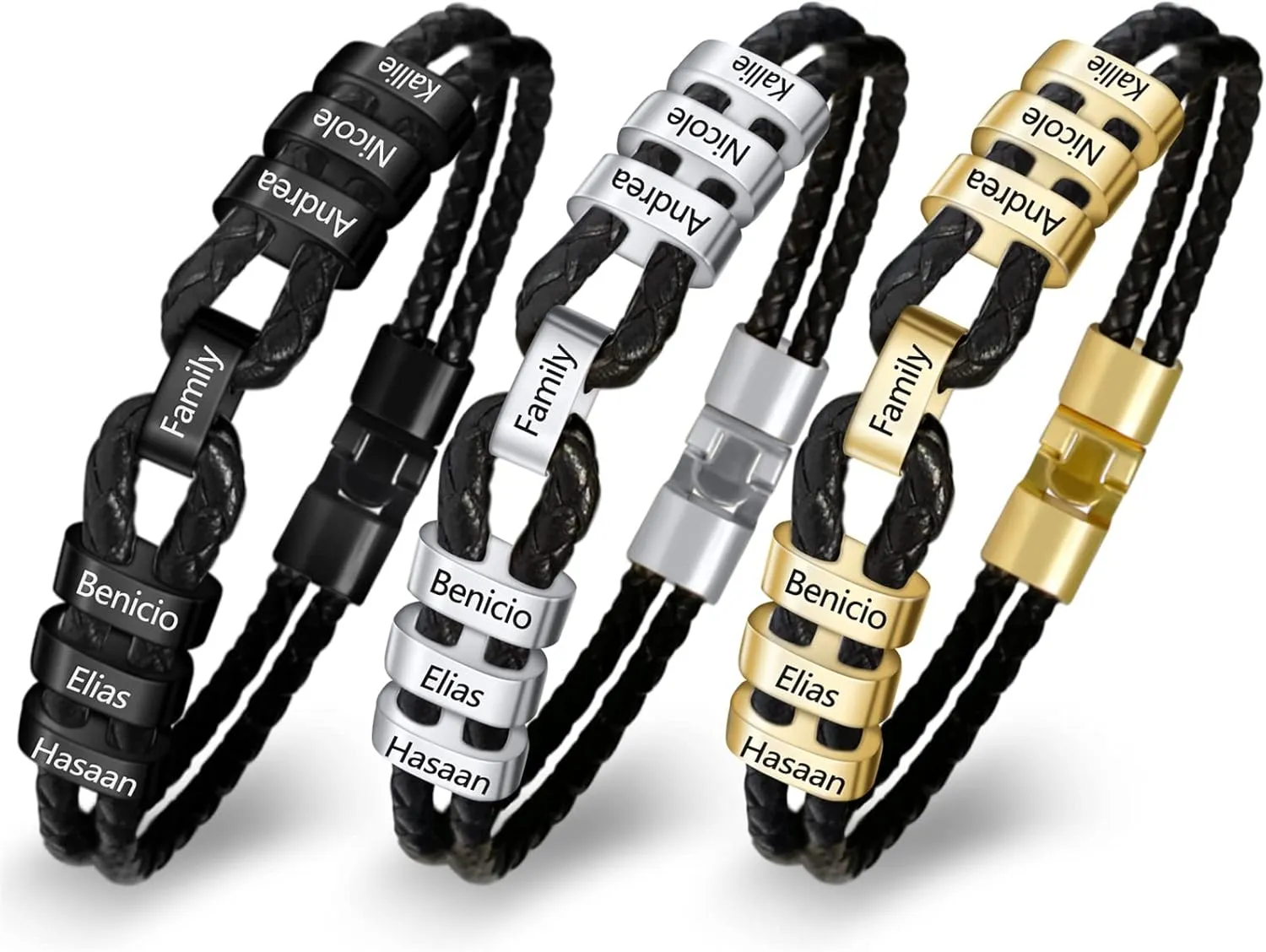 MissNaNa Mens Custom Bracelet Personalized Black Braid Bracelets Genuine Leather Bracelets with 2-9 Family Names Engraved in Custom Beads Fathers Day Gift