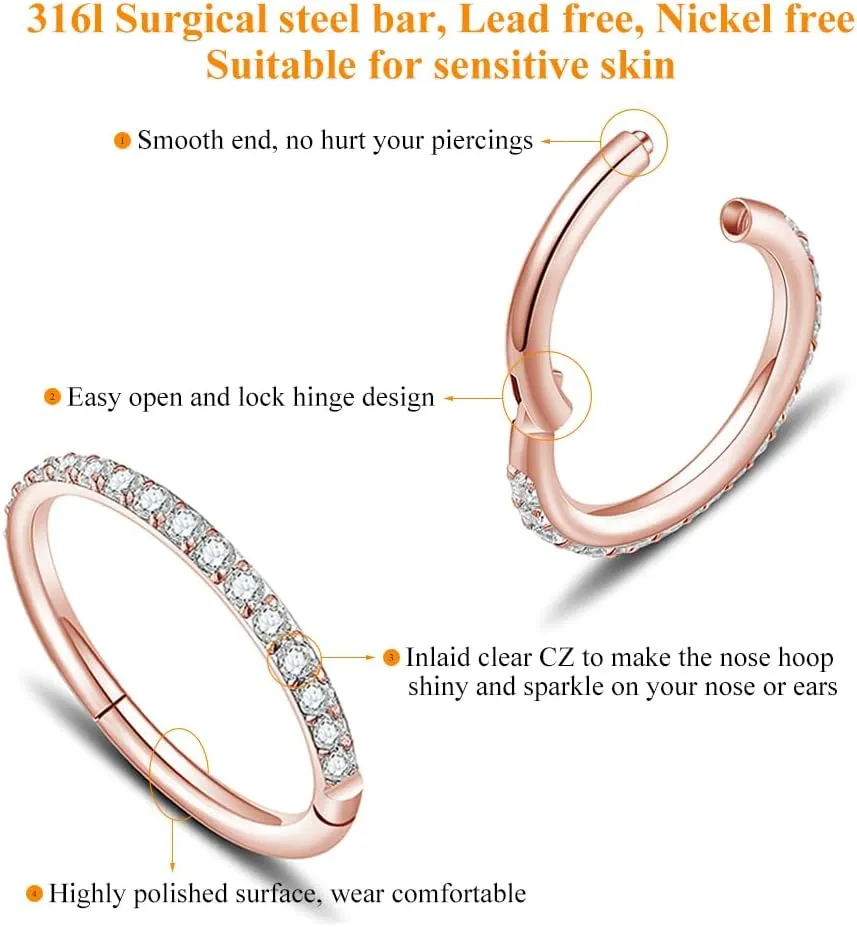 MissNity 20G, 18G, 16G, 14G Hinged Nose Rings Hoop with Gem in 316L Surgical Steel, Septum Clicker Cartilage Earrings Conch Daith Helix Rook Ear Lobe Piercing Jewelry, Diameter 6mm to 12mm