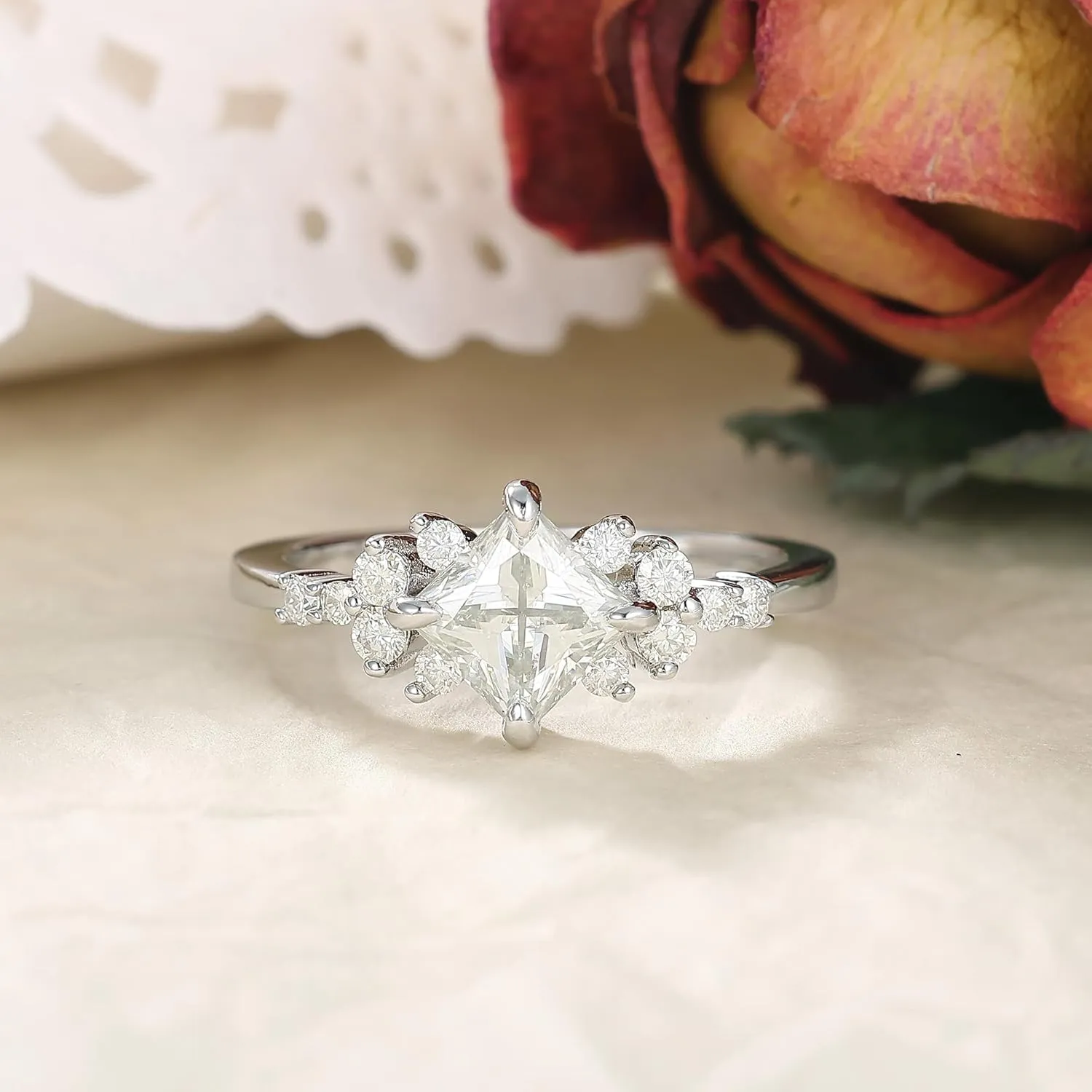 Mix Art Deco 0.5ct - 2ct G-H White Moissanite 925 Silver Women Rings : Various Cut VVS1 Moissanite Engagement Rings Plated with Platinum, Leaf Vines & Geometric Sterling Silver Bridal Promise Ring for Her (1.5ct 1.35ct 1.3ct 1.1ct) Size 4-9