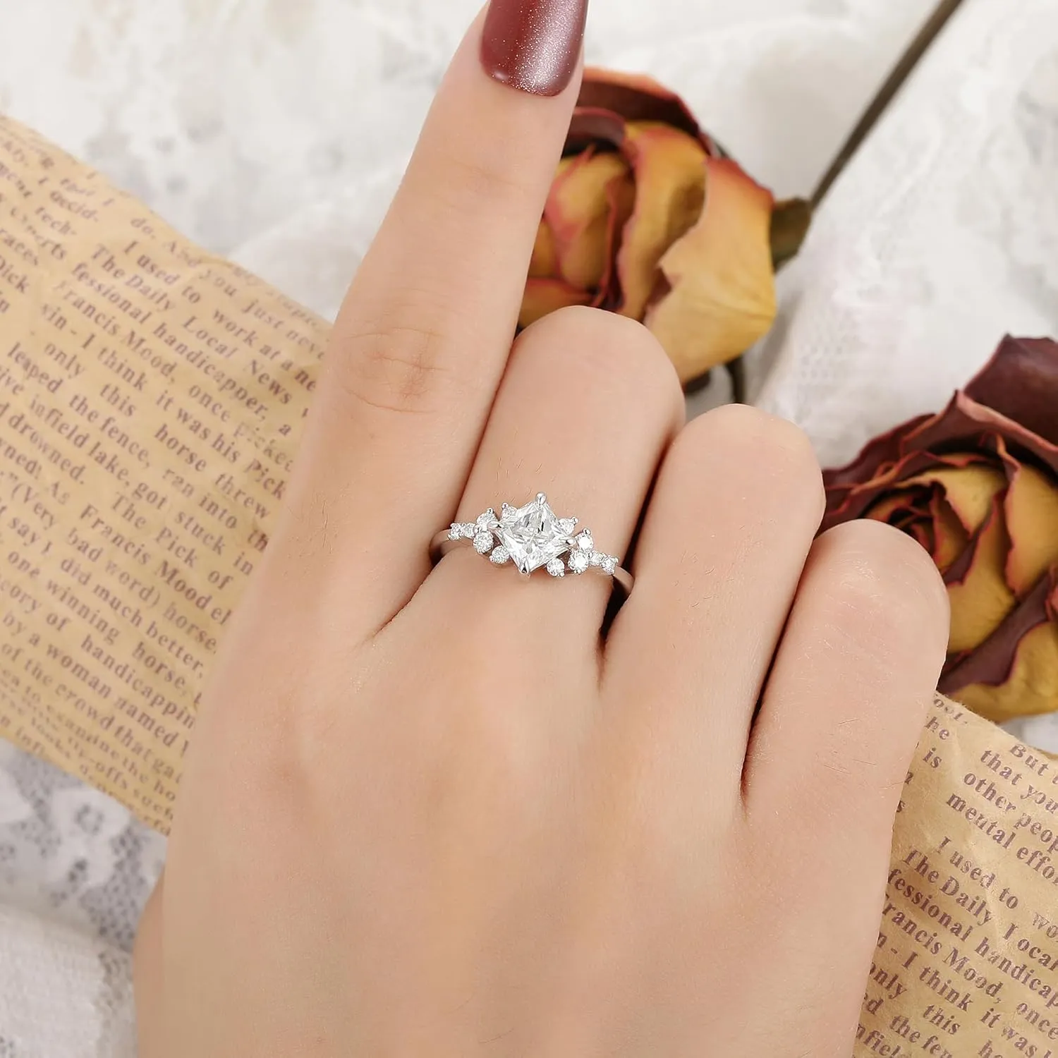 Mix Art Deco 0.5ct - 2ct G-H White Moissanite 925 Silver Women Rings : Various Cut VVS1 Moissanite Engagement Rings Plated with Platinum, Leaf Vines & Geometric Sterling Silver Bridal Promise Ring for Her (1.5ct 1.35ct 1.3ct 1.1ct) Size 4-9