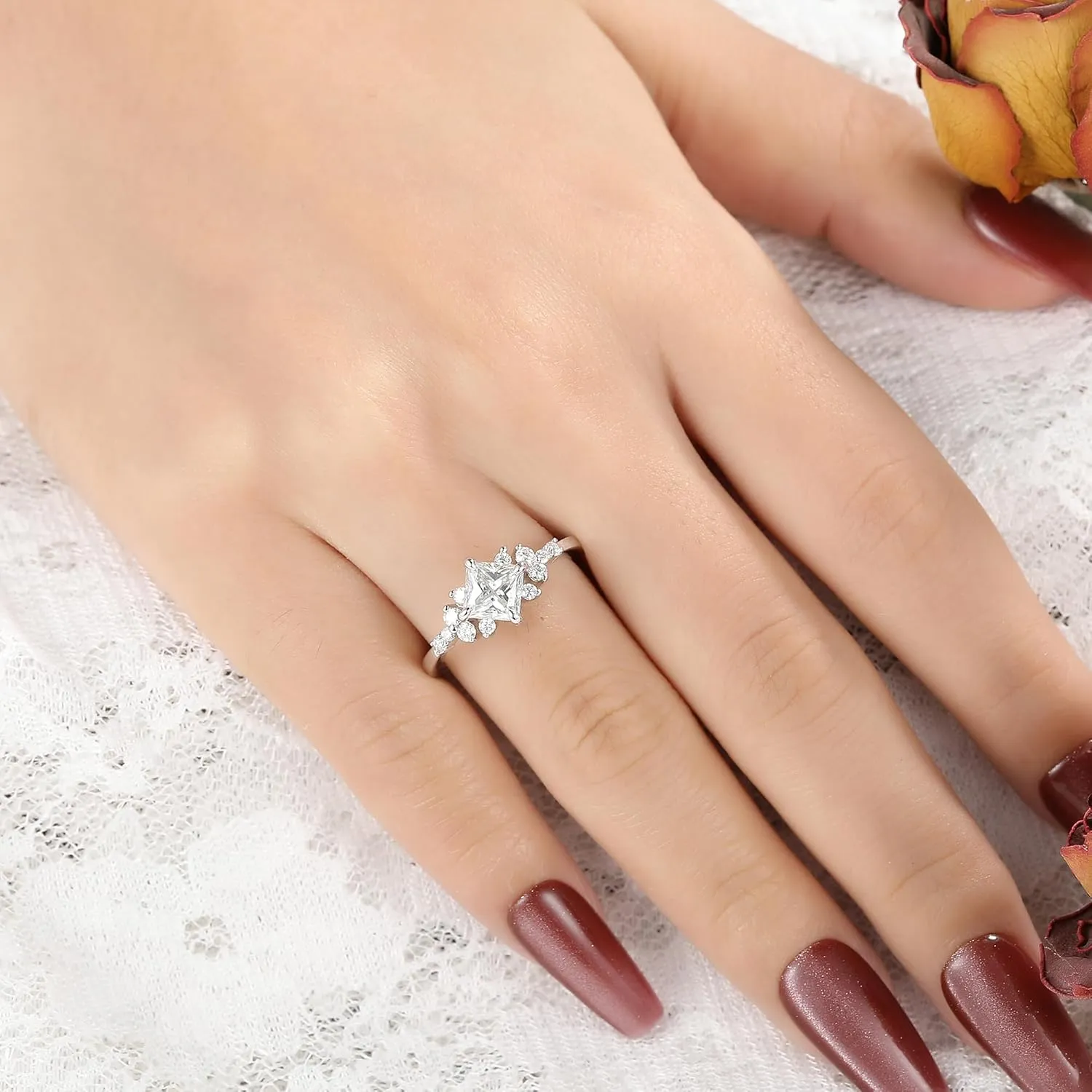 Mix Art Deco 0.5ct - 2ct G-H White Moissanite 925 Silver Women Rings : Various Cut VVS1 Moissanite Engagement Rings Plated with Platinum, Leaf Vines & Geometric Sterling Silver Bridal Promise Ring for Her (1.5ct 1.35ct 1.3ct 1.1ct) Size 4-9