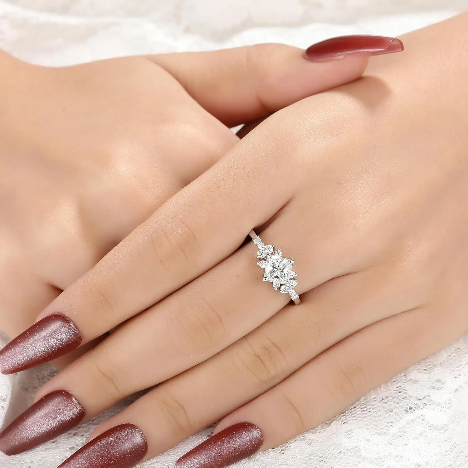 Mix Art Deco 0.5ct - 2ct G-H White Moissanite 925 Silver Women Rings : Various Cut VVS1 Moissanite Engagement Rings Plated with Platinum, Leaf Vines & Geometric Sterling Silver Bridal Promise Ring for Her (1.5ct 1.35ct 1.3ct 1.1ct) Size 4-9