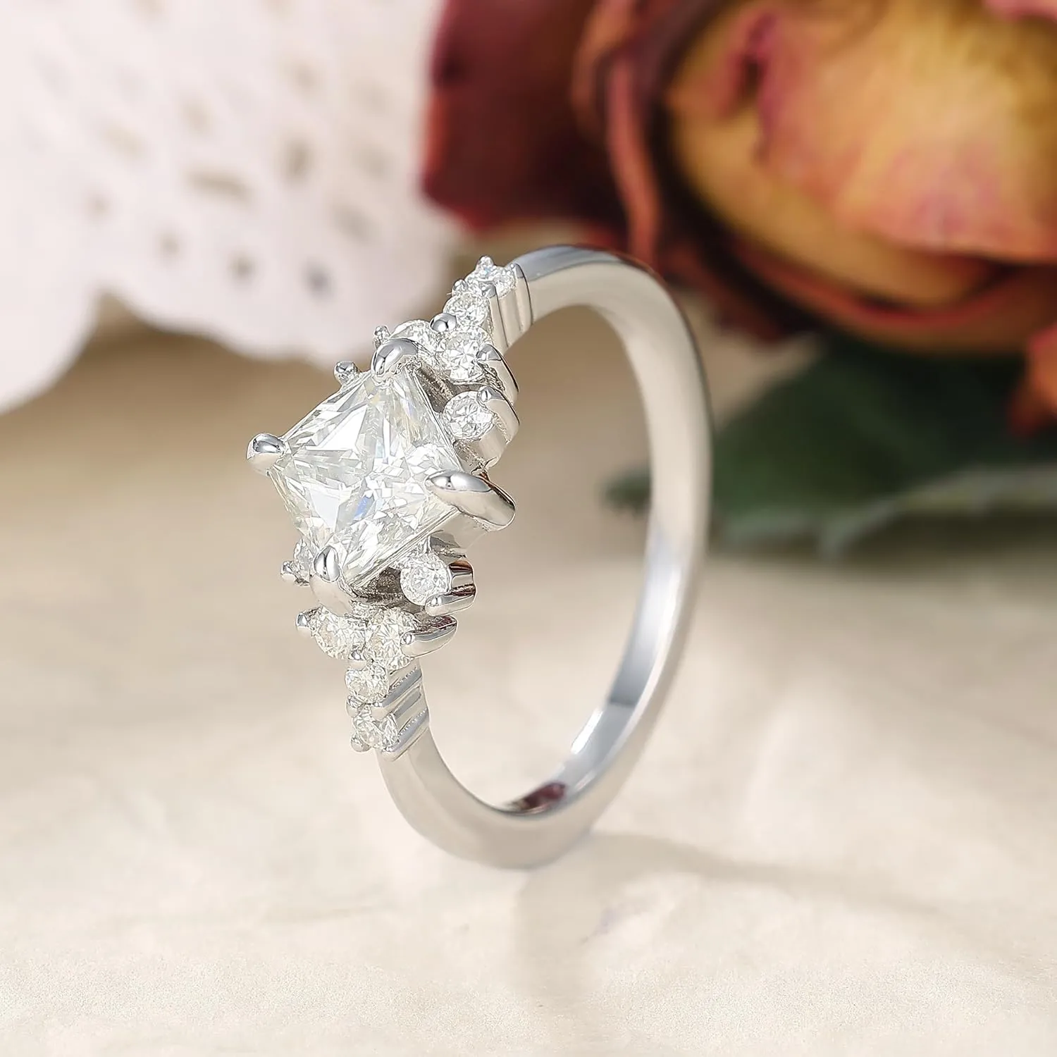 Mix Art Deco 0.5ct - 2ct G-H White Moissanite 925 Silver Women Rings : Various Cut VVS1 Moissanite Engagement Rings Plated with Platinum, Leaf Vines & Geometric Sterling Silver Bridal Promise Ring for Her (1.5ct 1.35ct 1.3ct 1.1ct) Size 4-9
