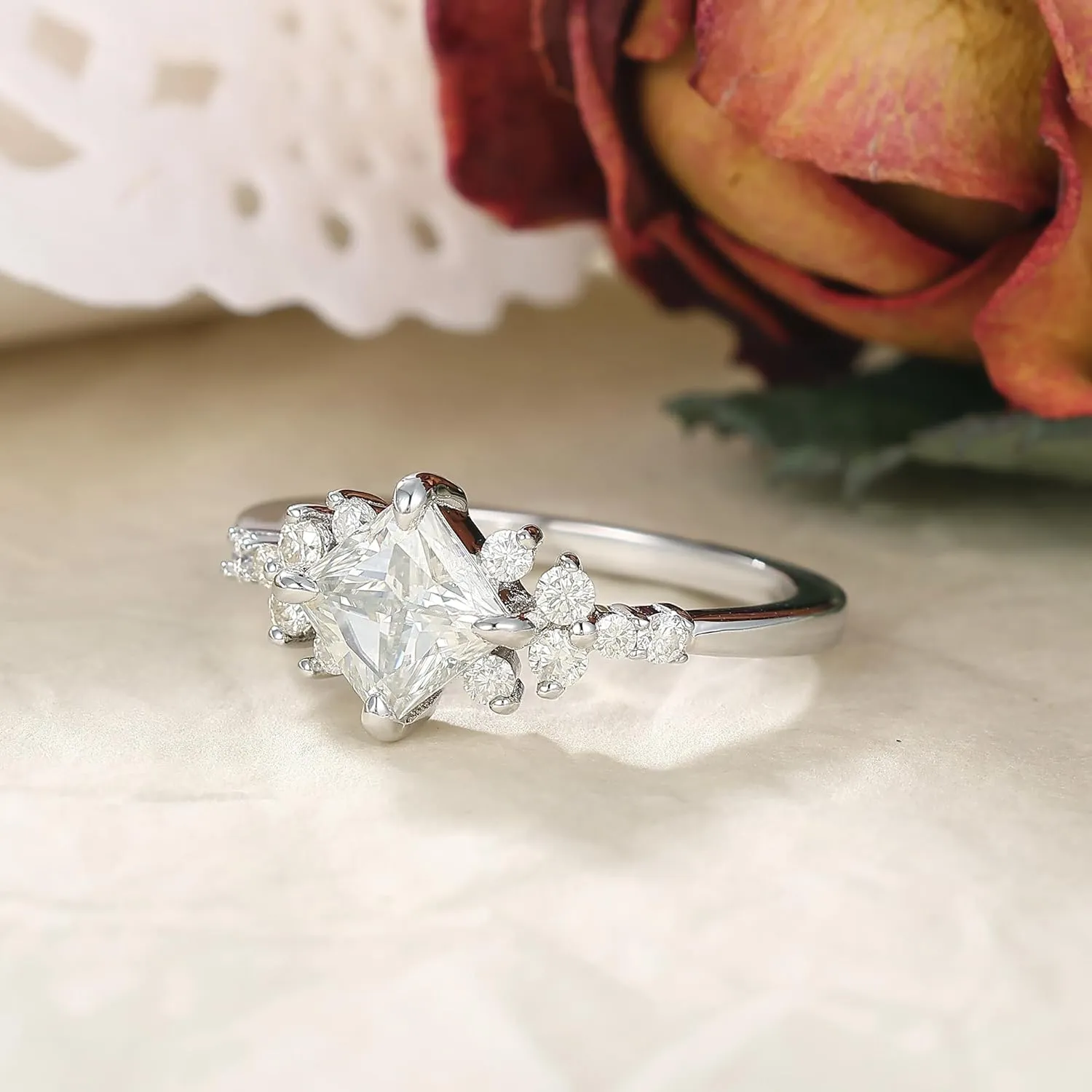 Mix Art Deco 0.5ct - 2ct G-H White Moissanite 925 Silver Women Rings : Various Cut VVS1 Moissanite Engagement Rings Plated with Platinum, Leaf Vines & Geometric Sterling Silver Bridal Promise Ring for Her (1.5ct 1.35ct 1.3ct 1.1ct) Size 4-9