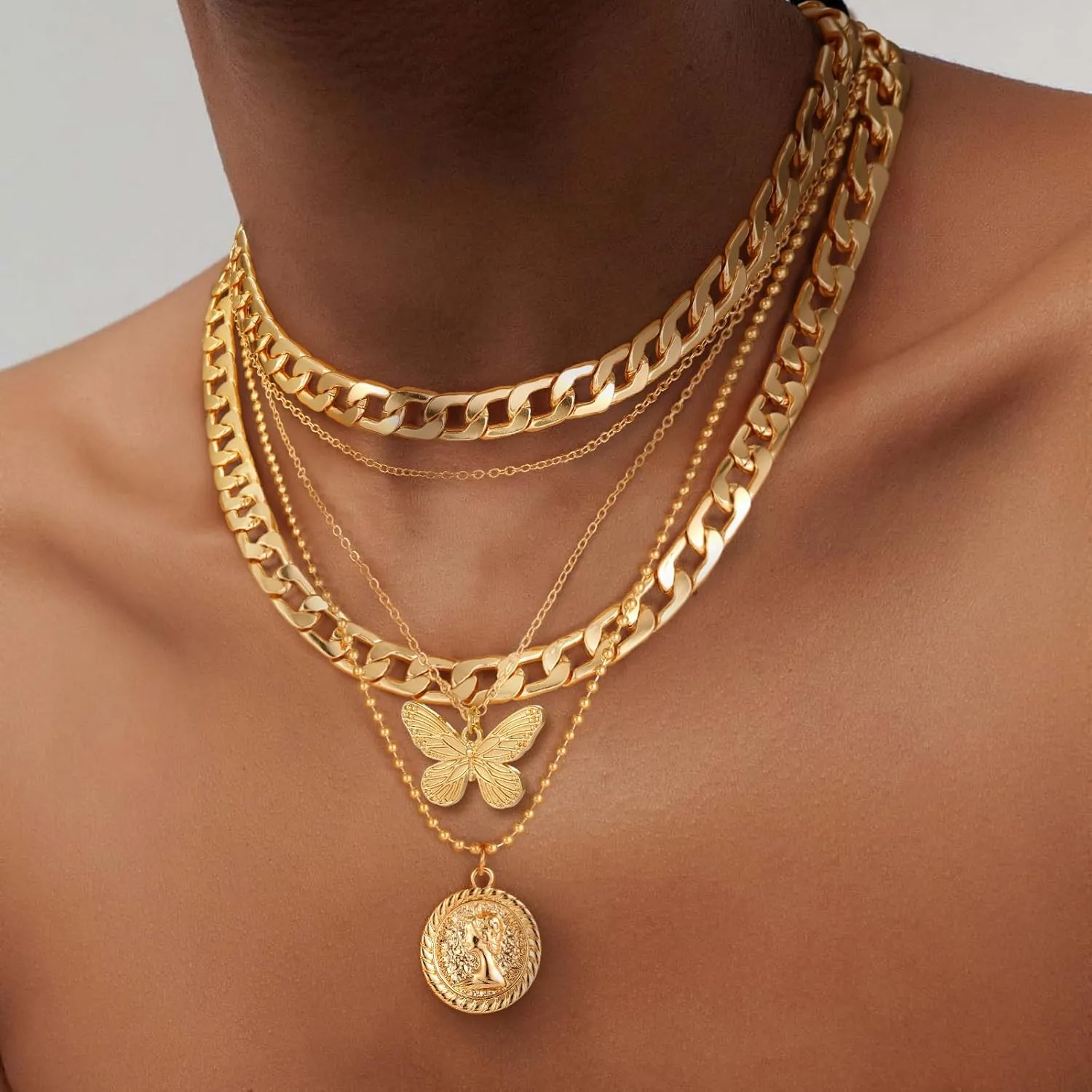 MJartoria Gold Layered Necklaces for Women Trendy Retro Coin Pendant Necklace Dainty Chunky Chain Choker Necklaces for Jewelry Birthday Gifts