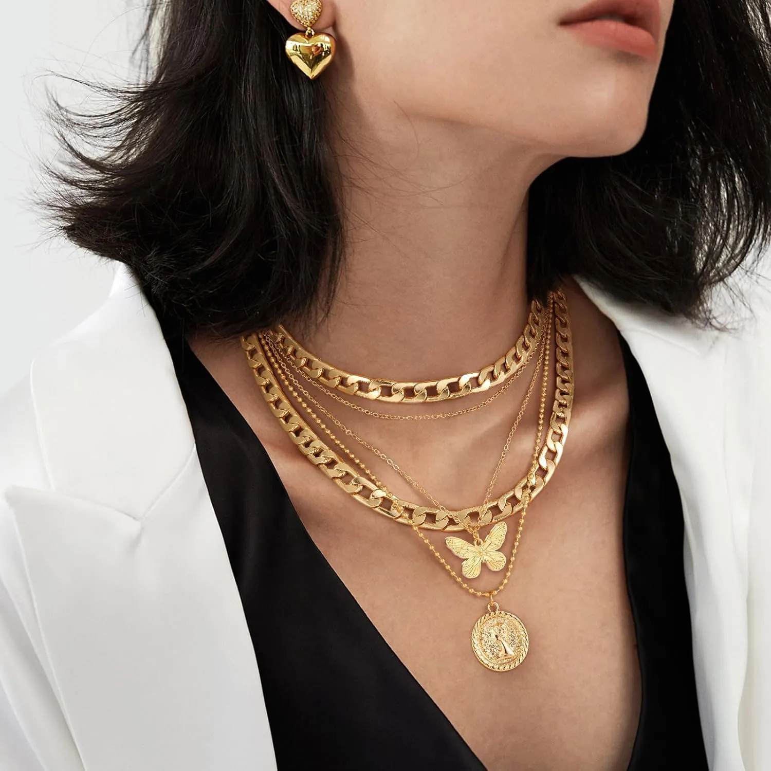 MJartoria Gold Layered Necklaces for Women Trendy Retro Coin Pendant Necklace Dainty Chunky Chain Choker Necklaces for Jewelry Birthday Gifts